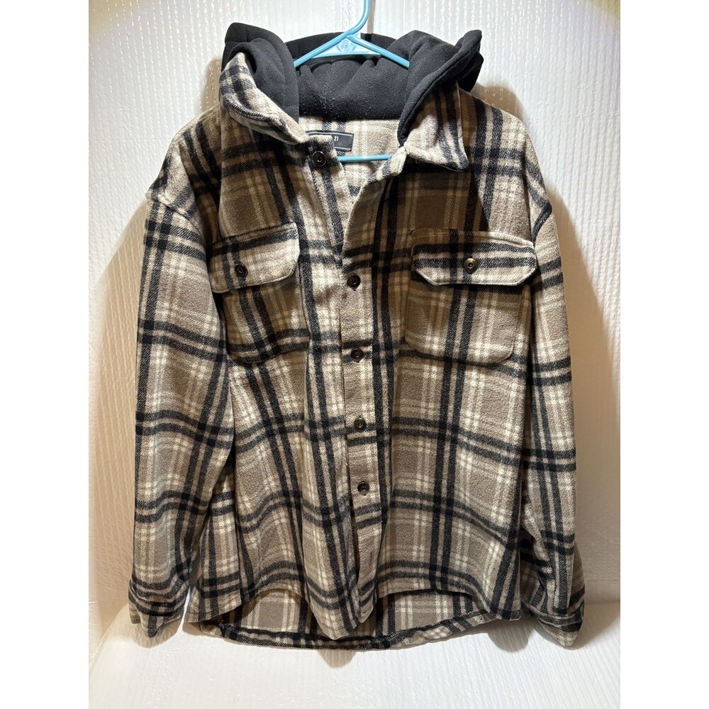 Forever 21 Men's Large Fleece Shirt Jacket Button Up Taupe Plaid Shacket